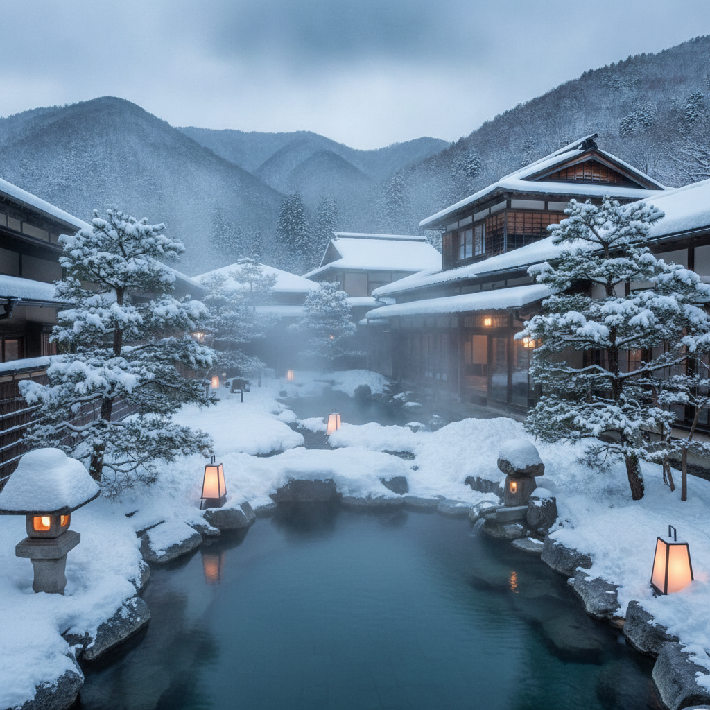 福島県で、冬でも雪見露天風呂が楽しめるおすすめの温泉地と旅館はどこですか？